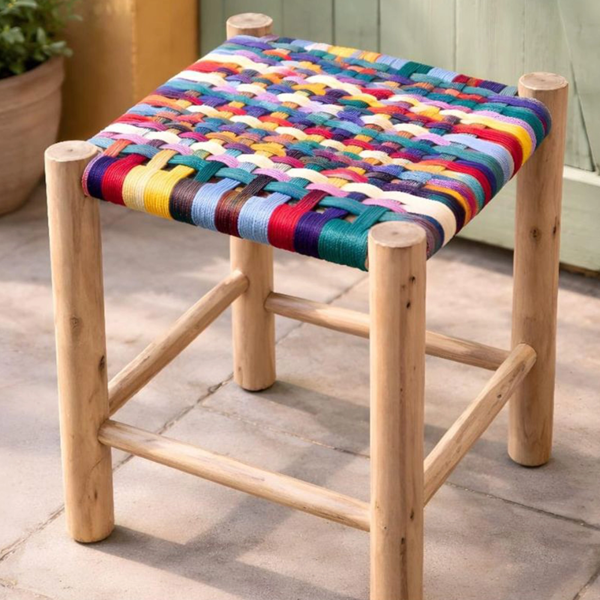 Tabouret bois naturel - tressage fait main
