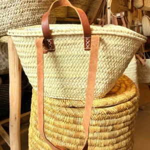 Panier paille double anse cuir