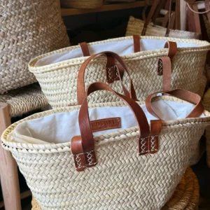 Panier paille double anse cuir